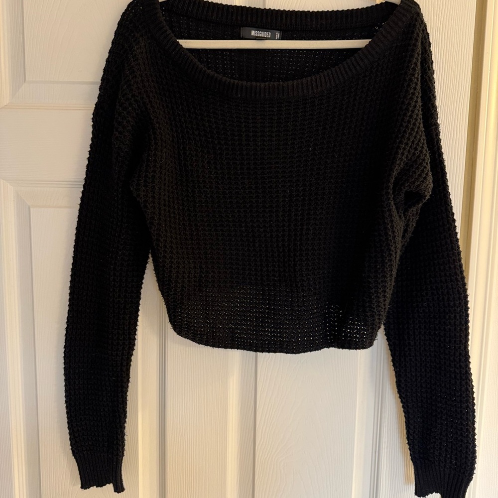 Missguided Black Cropped Waffle Knit Crew Sweater